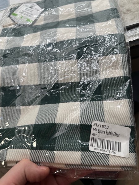 Condition photo showing New/Like New for Now Designs Woven Second Spin Table Runner, Recycled Cotton and Polyester, 12 x 72, Spruce Green Buffalo Check