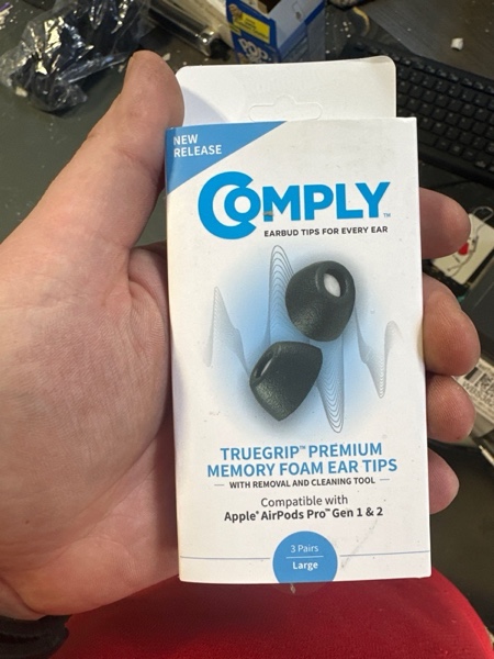 Condition photo showing New/Like New for Comply TrueGrip | Premium Memory Foam Replacement Earbud Tips for Apple AirPods Pro 1 & 2 | Enhanced Comfort, Secure Fit, Superior Noise Isolation, Removal & Cleaning Tool | Black, Large (3 Pairs)