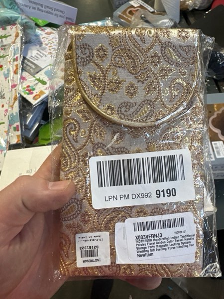 Condition photo showing New/Like New for handcrafted embroidered/brocade crossbody evening purse handbag vintage party wedding gift for women. Brocade Grey Gold 4.2"x7.7"