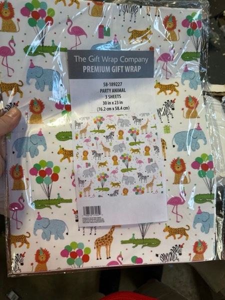 Condition photo showing New/Like New for The Gift Wrap Company 58-189227 Party Animals Flat Gift Wrapping Paper Sheet Set, 30" x 23", Multicolor, 3 Pieces Animals Multicolor