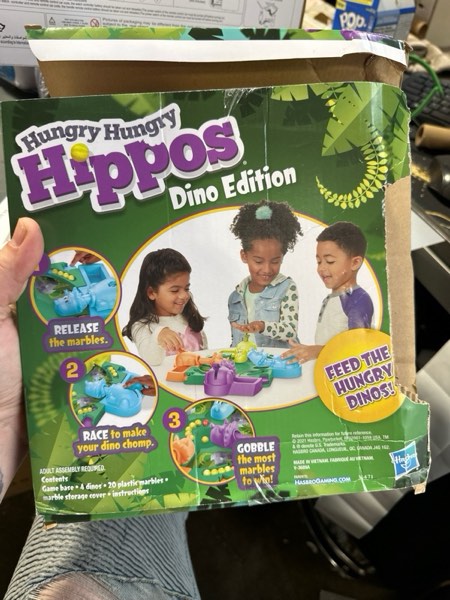 Condition photo showing New/Like New for Hasbro Gaming Hungry Hungry Hippos Dino Edition Board Game, Pre-School Game for Ages 4 and Up; for 2 to 4 Players (Amazon Exclusive)