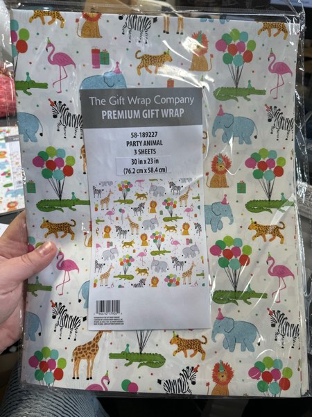 Condition photo showing New/Like New for The Gift Wrap Company 58-189227 Party Animals Flat Gift Wrapping Paper Sheet Set, 30" x 23", Multicolor, 3 Pieces Animals Multicolor