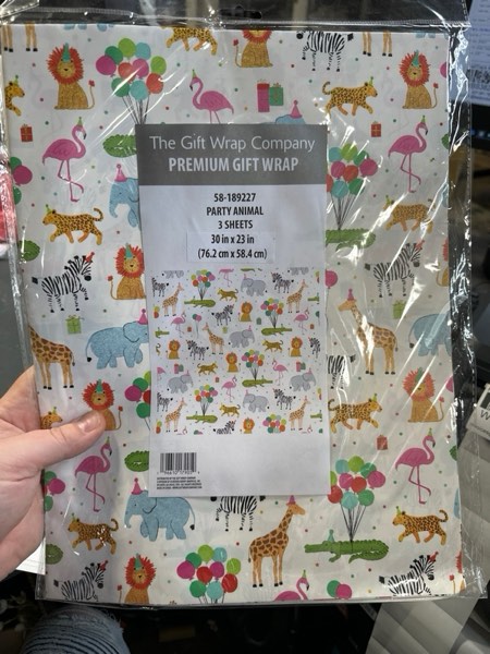 Condition photo showing New/Like New for The Gift Wrap Company 58-189227 Party Animals Flat Gift Wrapping Paper Sheet Set, 30" x 23", Multicolor, 3 Pieces Animals Multicolor