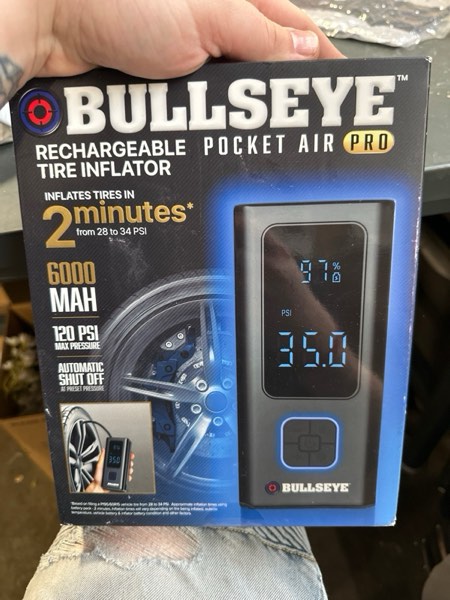 Condition photo showing New/Like New for POCKET AIR PRO Tire Inflator Portable Air Compressor by Bullseye Pro for Tires, Balls, Bike with Persta Valve, Auto Shut Off, Inflates in 2 Min, Cordless Rechargeable 6000MAH,150 PSI, SoS Light Pro 6000mAh