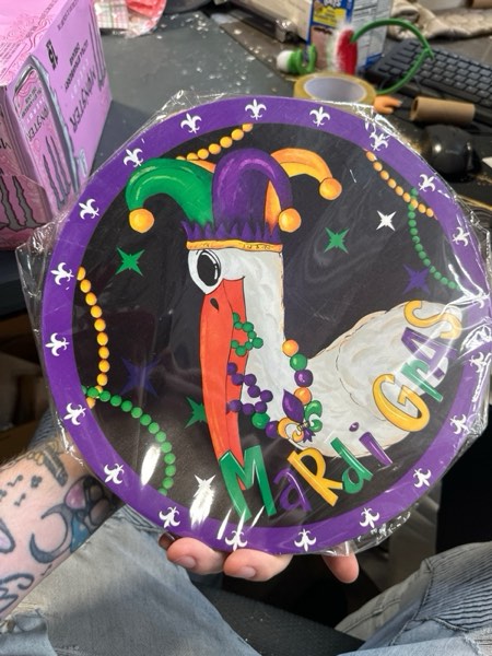 Condition photo showing New/Like New for 12 Inch Mardi Gras Welcome Front Door Sign New Orleans Carnival Pelican Wooden Hanging Sign Mardi Gras Wood Hanger Masquerade Door Wreath for Holiday Indoor Outdoor Wall Window Decoration Mardi Gras 12 Inch