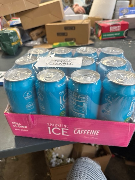 Condition photo showing New/Like New for Sparkling Ice Caffeine Blue Raspberry Sparkling Water with Caffeine, Zero Sugar, with Antioxidants and Vitamins,16 fl oz Cans (Pack Of 12)