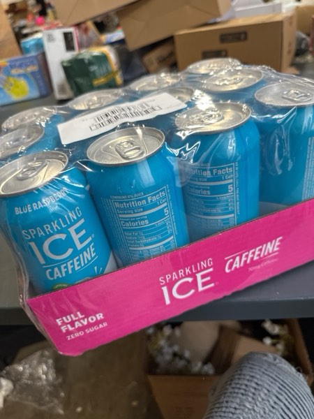 Condition photo showing New/Like New for Sparkling Ice Caffeine Blue Raspberry Sparkling Water with Caffeine, Zero Sugar, with Antioxidants and Vitamins,16 fl oz Cans (Pack Of 12)