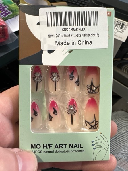 Condition photo showing New/Like New for Halloween Press on Nails Medium Coffin Fake Nails with Bat Cat Design Pumpkin Witch False Nails Ombre Green Glue on Nails Cute Full Cover Holiday Stick on Nail for Women Girls Manicure 24Pcs Color19