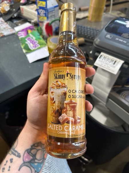 Condition photo showing New/Like New for Jordan's Skinny Mixes Sugar Free Coffee Syrup, Salted Caramel Coffee Flavoring Syrup, Zero Calorie Drink Mix, Lattes, Baking, Protein Shake or Cocktail, Dairy & Gluten Free, Kosher, 25.4 Fl Oz Salted Caramel 25.4 Fl Oz (Pack of 1)