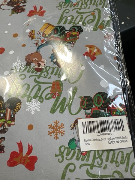 Condition photo showing New/Like New for RiukRaiu Dinosaur Monster Truck Christmas Wrapping Paper - Funny Silver T-Rex Xmas Gift Wrap Snowflakes Red Bows Gold Bells Green Merry Christmas Design for Party Holiday - 4 Jumbo Sheets, 40 x 28 Inches Each