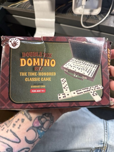 Condition photo showing New/Like New for Kicko Domino Set - 28 Pieces Double Six Classic Dominoes in Durable Wooden Brown Box - Fun Mini Board Game for 2-4 Players - Ideal for Boys, Girls, Adults - Family Game Night and Vintage Party Games Standard