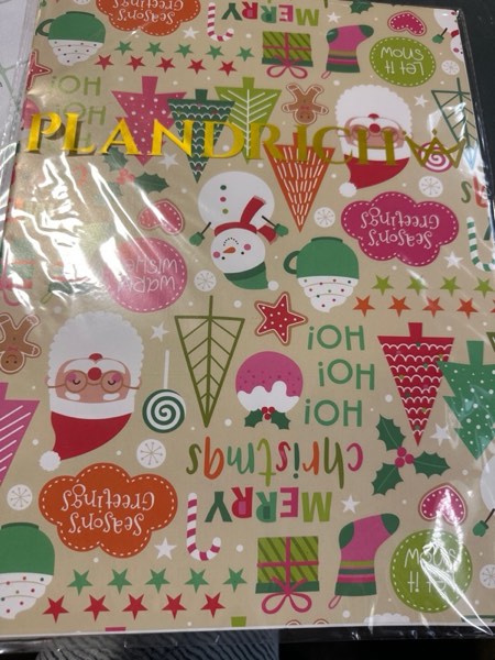 Condition photo showing New/Like New for PlandRichW Vintage Christmas Wrapping Paper - 6 Jumbo Xmas Sheets 28"x40" with Colorful Trees, Snowmen, Bears & “HO HO HO” Patterns - Holiday Gift Wrap for All Ages, Easy - Storage Flat Sheets