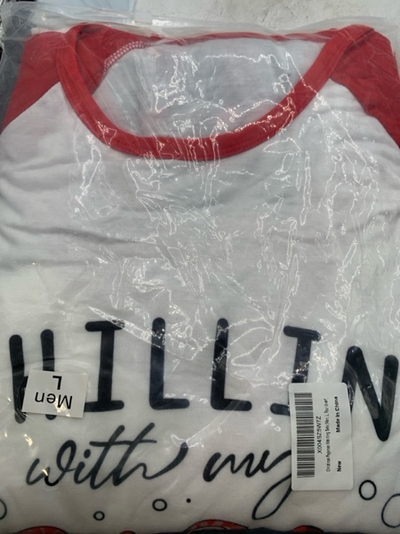 Condition photo showing New/Like New for JAXUH Matching Christmas Pajamas for Family/Couples, Plaid Pants with Christmas Tree Printed Tops Sleepwear, Xmas PJs Sets Men Large Four Dwarf