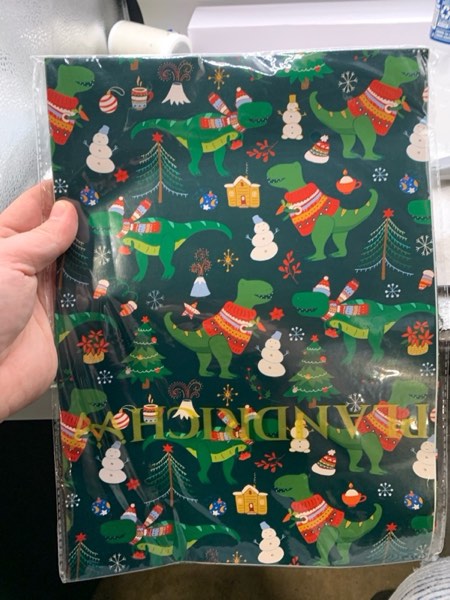 Condition photo showing New/Like New for PlandRichW Dinosaurs Christmas Wrapping Paper - 6 Jumbo Xmas Sheets 28"x40" with Santa - Hat Dinosaurs, Festive Trees & Snowman Patterns - Holiday Gift Wrap for All Ages, Easy - Storage Flat Sheets Christmas - Green Dinosaurs