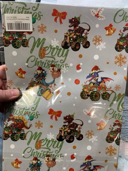 Condition photo showing New/Like New for RiukRaiu Dinosaur Monster Truck Christmas Wrapping Paper - Funny Silver T-Rex Xmas Gift Wrap Snowflakes Red Bows Gold Bells Green Merry Christmas Design for Party Holiday - 4 Jumbo Sheets, 40 x 28 Inches Each