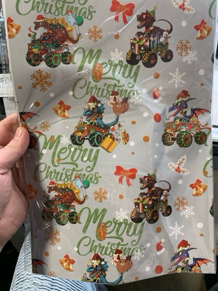 Condition photo showing New/Like New for RiukRaiu Dinosaur Monster Truck Christmas Wrapping Paper - Funny Silver T-Rex Xmas Gift Wrap Snowflakes Red Bows Gold Bells Green Merry Christmas Design for Party Holiday - 4 Jumbo Sheets, 40 x 28 Inches Each