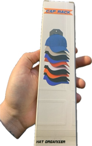 Condition photo showing New/Like New for Hat Organizer for Baseball Caps — Hat Rack for Wall, Compact Hat Storage Display Holder — Hold Up to 10 Hats, Hat Hanger Strong Adhesive/Wall Drilled for Door, Bedroom, Closet (1 Pack, Grey Black)