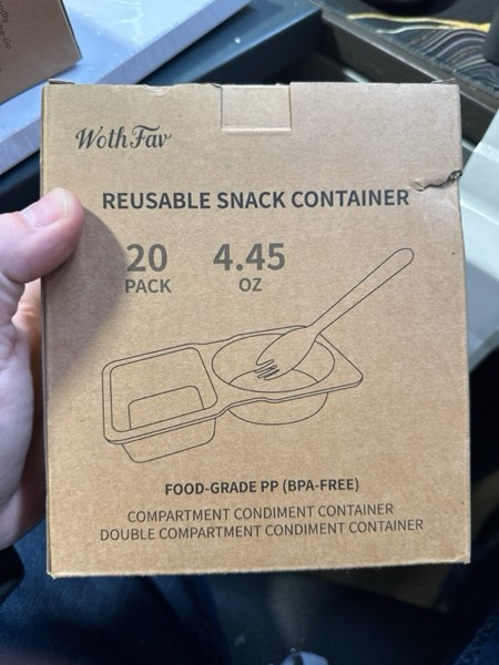 Condition photo showing New/Like New for 20 Sets Reusable Snack Containers with Lids & 20 Sporks – Double Compartment for Portion Control, BPA-Free Leak-Proof Dipping Containers for Meal Prep, Travel, and Outdoor Snacks (Clear)