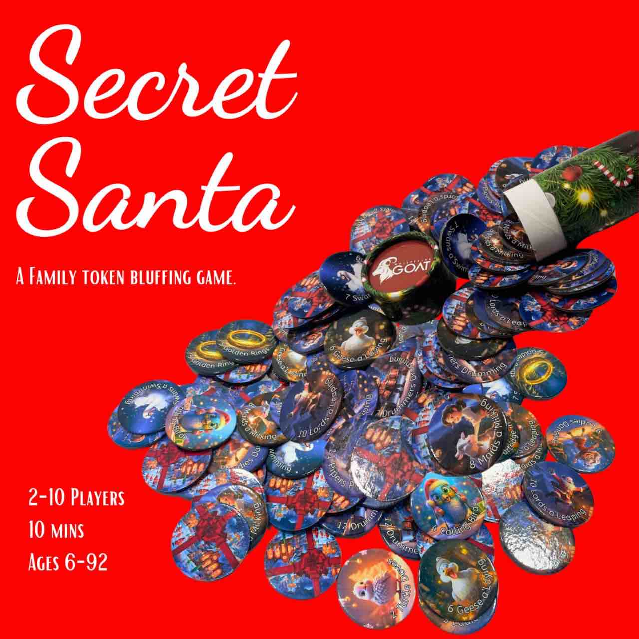 Condition photo showing New/Like New for Secret Santa: A Family Token Bluffing Game. 2-10 Players, Ages 6-92. Quick, Easy, Fast-paced Family Fun.