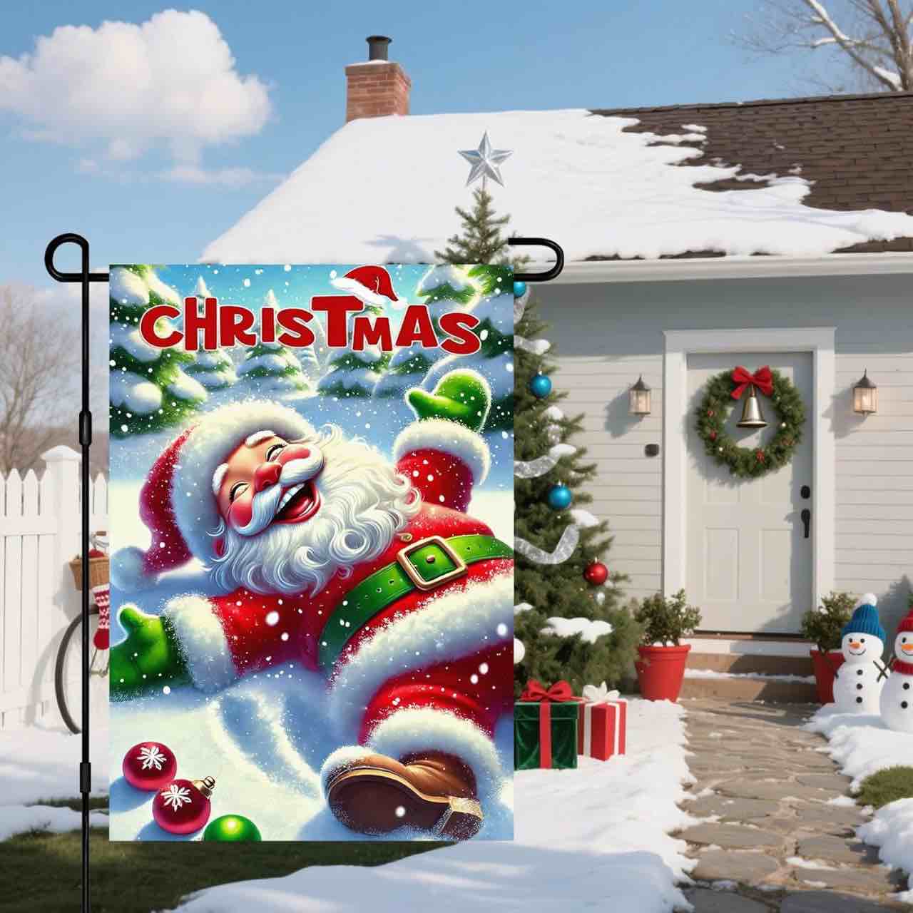 Condition photo showing New/Like New for IVN Christmas Garden Flag 12x18 Inch Cute Santa Holding Christmas Tree Flag Double Sided Outdoor Yar
