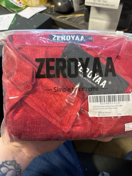 Condition photo showing New/Like New for ZEROYAA Men's Shiny Luxury Silk Satin Jacquard Dress Shirt Short Sleeve Button Up Shirts with Pocket for Party Prom Small Red