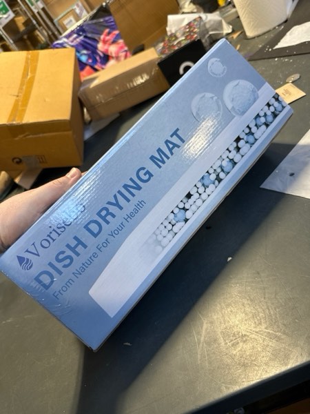 Condition photo showing New/Like New for Dish Drying Mat for Kitchen Counter, 24" × 16" Large Stone Drying Mat, Foldable Quick Dry Stone Mats, Ultra Absorbent Diatomaceous Earth Dish Mat for Dishes, Bottles, Cups, White Marble