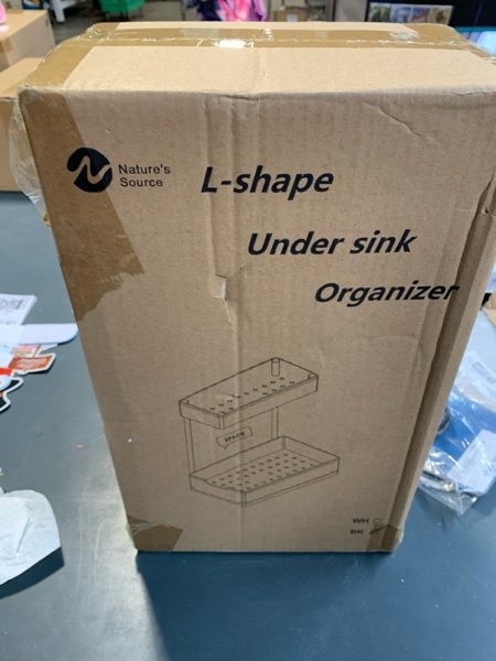 Condition photo showing New/Like New for 2 Pack Under Sink Organizer 2 Tier Sliding Cabinet Organizers Multi-Purpose Sink Storage Basket L-Shape Narrow Space Storage Shelves with 4 Hook for Kitchen Bathroom Drawer, Black 2 pack Black