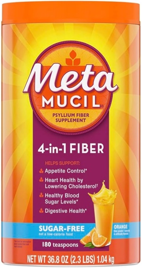 Metamucil Psyllium Fiber Supplement Orange Sugar Free Smooth Texture Powder 180 Doses, 36.8 Ounce