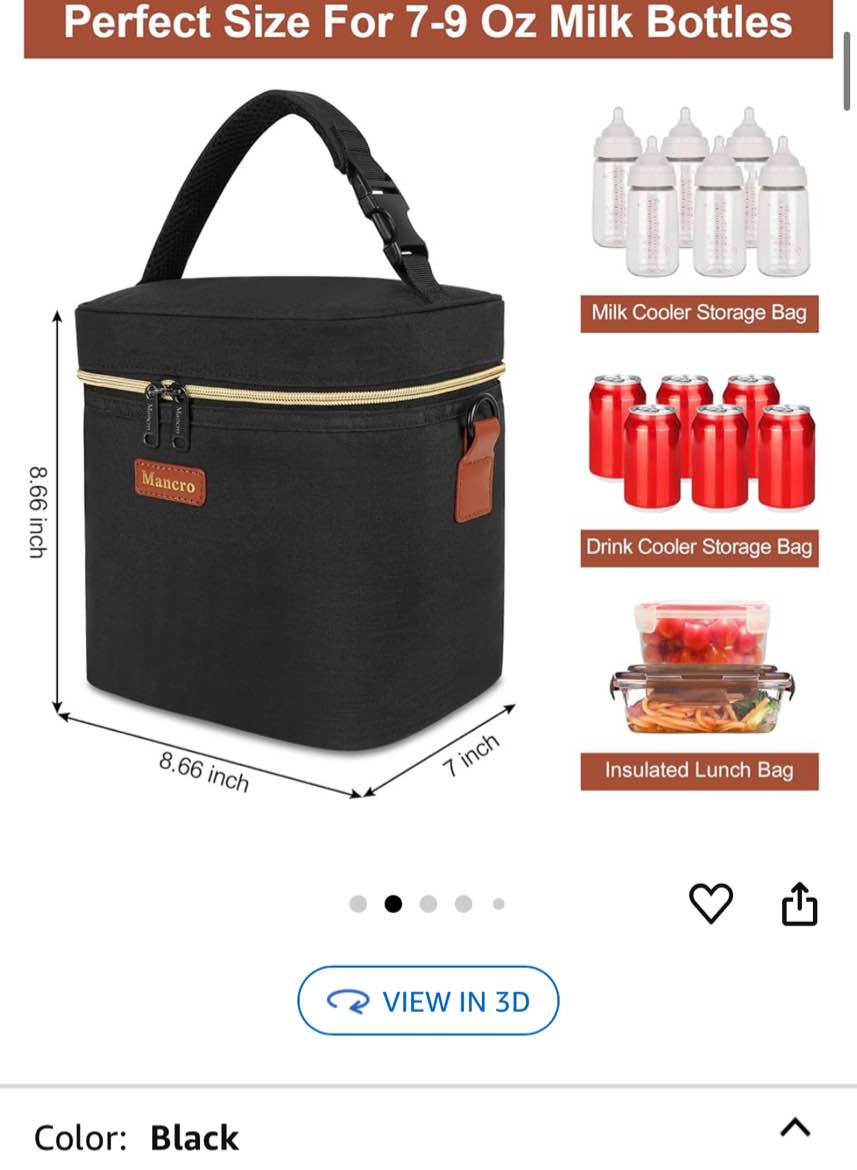 Mancro Breastmilk Cooler Bag with Ice Pack, Fits 6 Baby Bottles Up to 9 Ounce Insulated Bottle Bag, Breast Milk on The go Strap, for Nursing Mom Daycare, Black