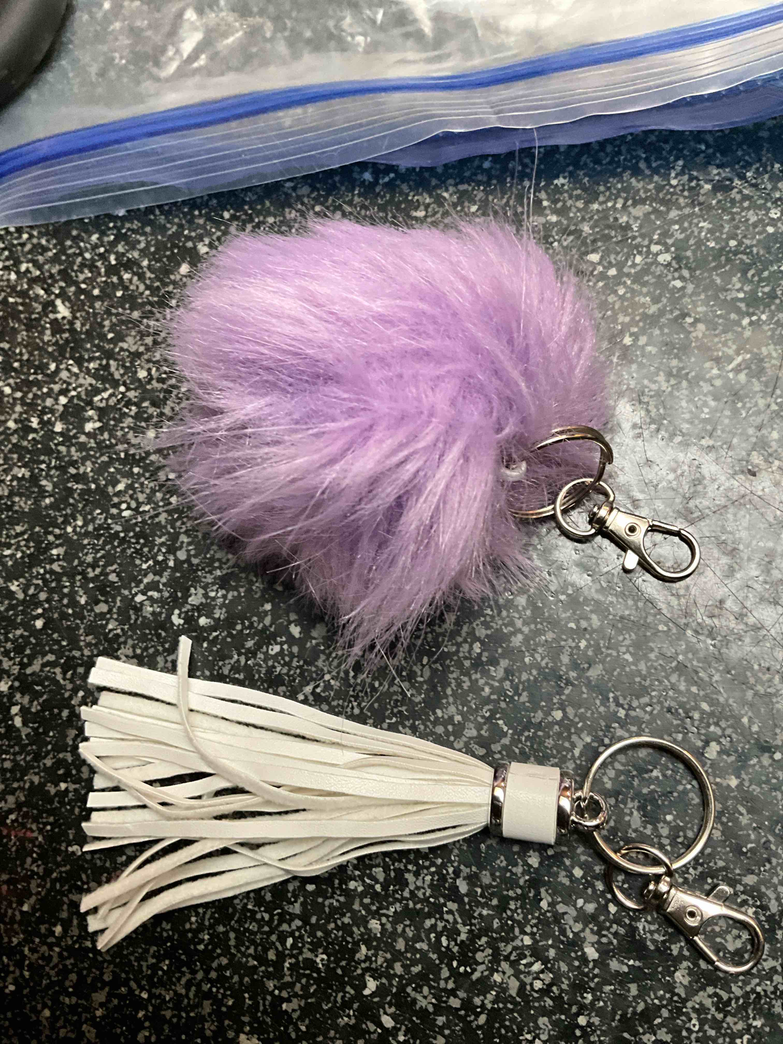 Purple Pom Pom/White Dangle Clip On Key Rings 