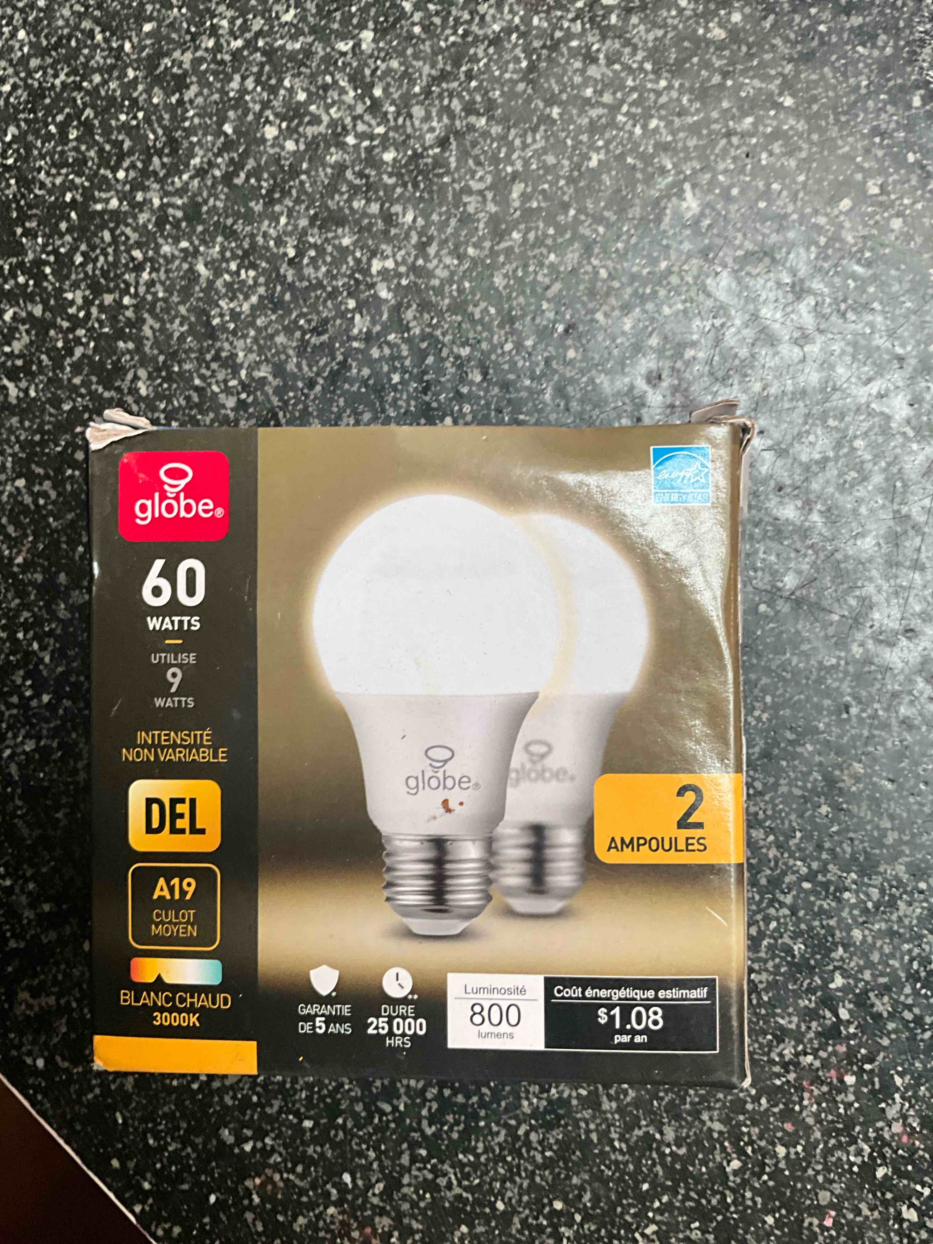 Globe LED Light Bulbs - Package of 2 - Medium base 60 Watt Replacement using only 9.5 Watts Estimated life 15,000 hours Brightness 800 lumens Warm Light Non-Dimmable