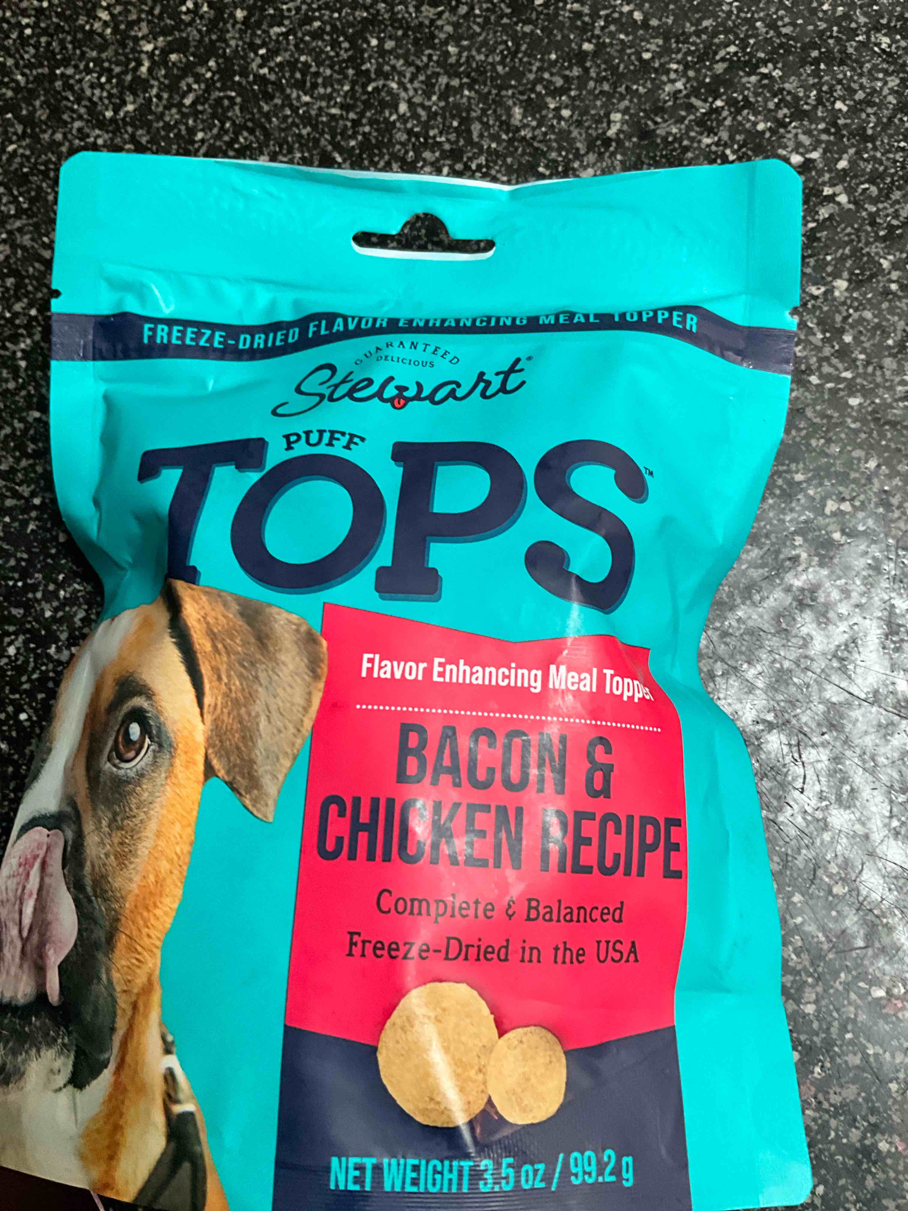 Stewart Freeze Dried Dog Food Topper, PuffTops, Made in USA with Real Bacon, Healthy, Natural, Freeze Dried Dog Treats, Bacon, Chicken, Apple, and Kale Recipe, 3.5 Ounce Resealable Pouch