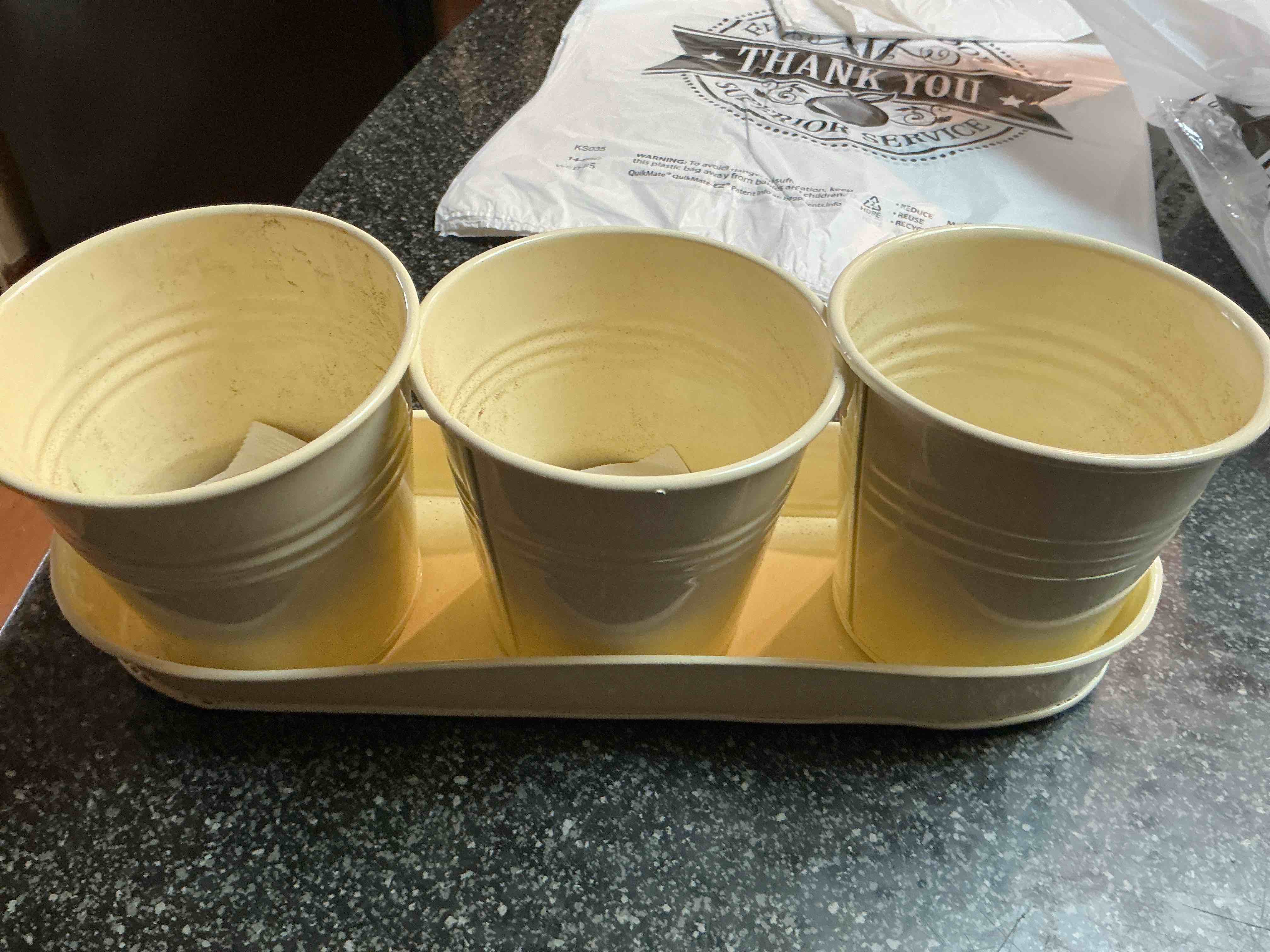 3 Yellow Tin Planters With Tray 
