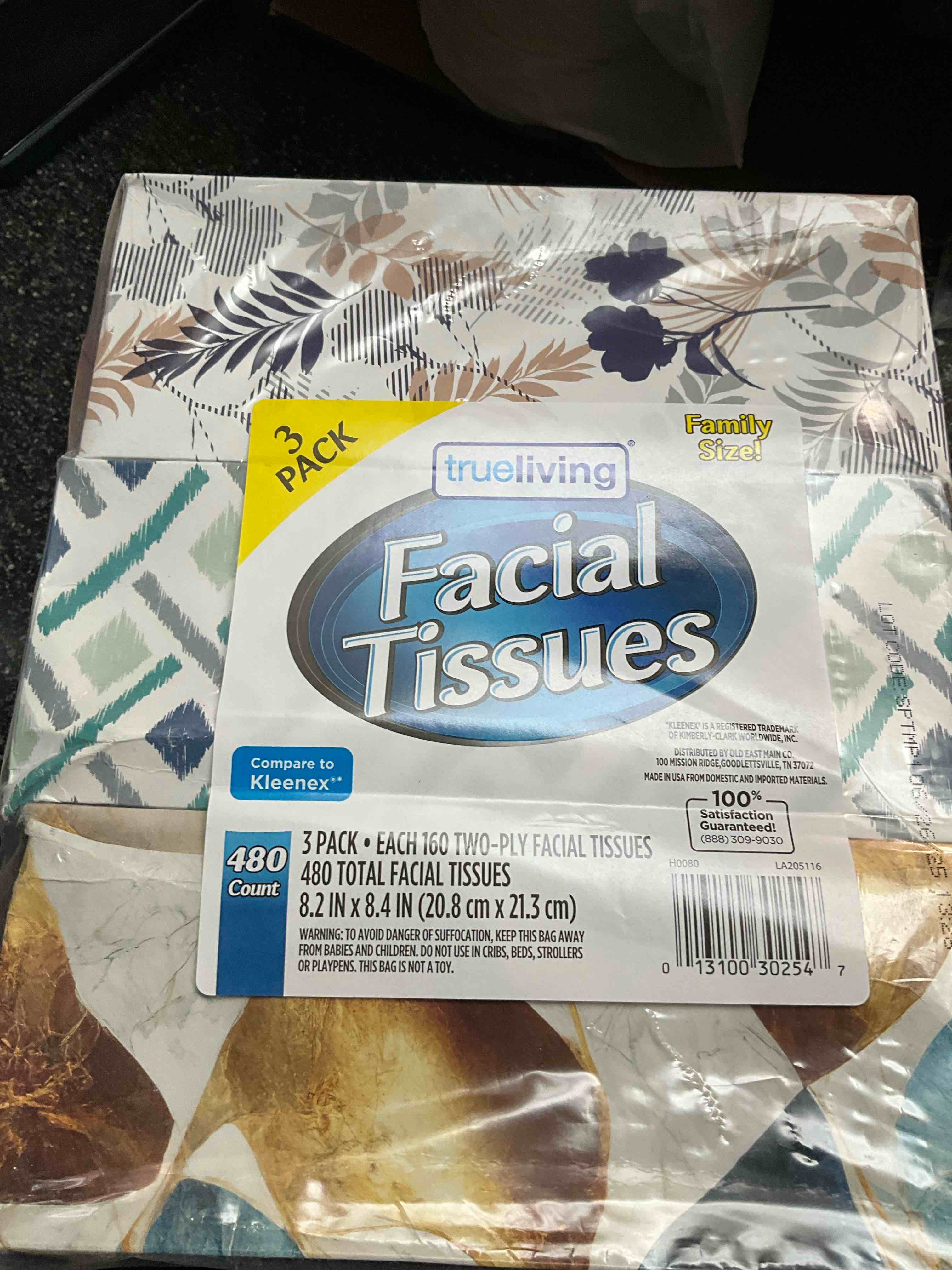 TrueLiving - 3 pack - Facial Tissues - 160 per box/480 total 