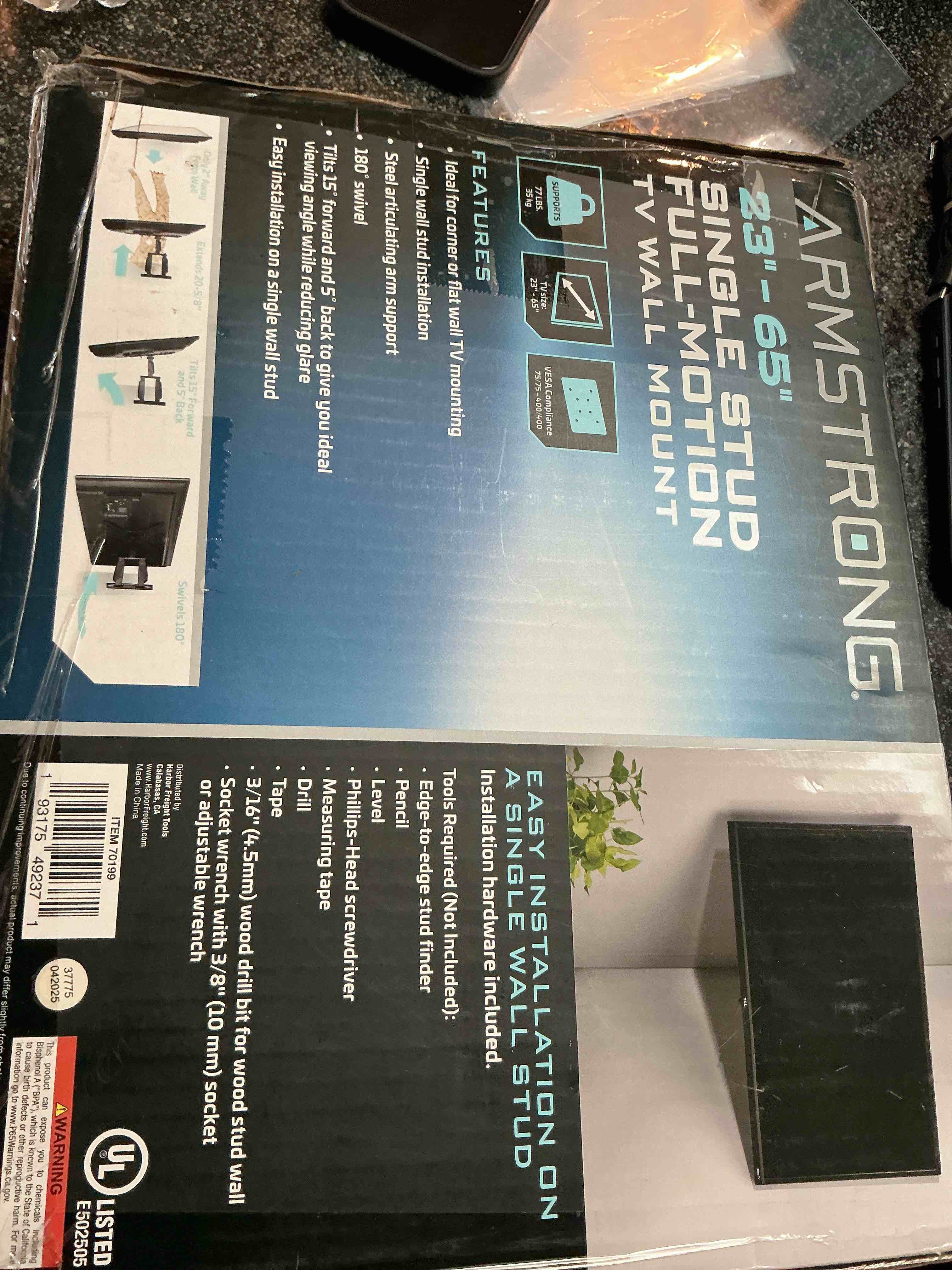 Armstrong 23” - 65” Single Stud Full Motion TV Wall Mt.  Holds 77 Lbs.