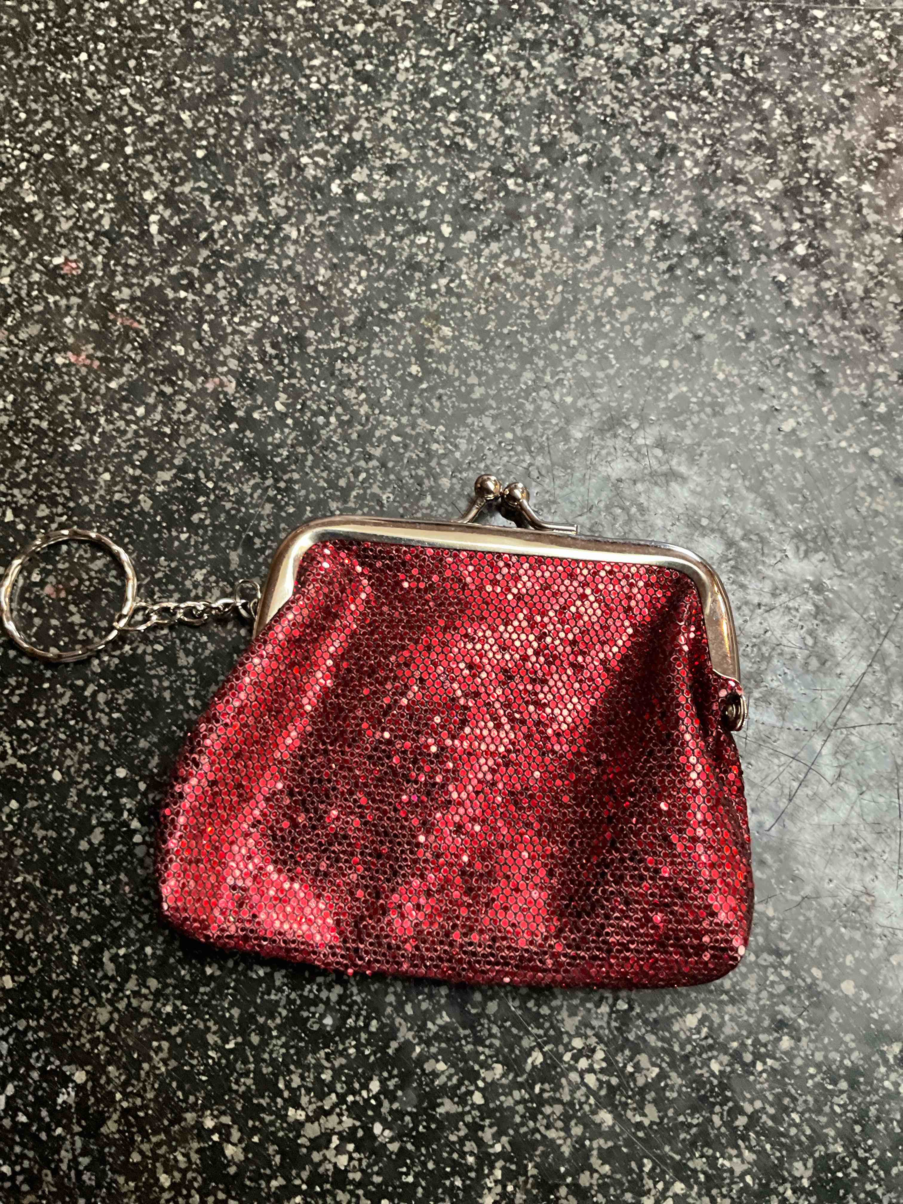 red sparkle change purse with key ring 