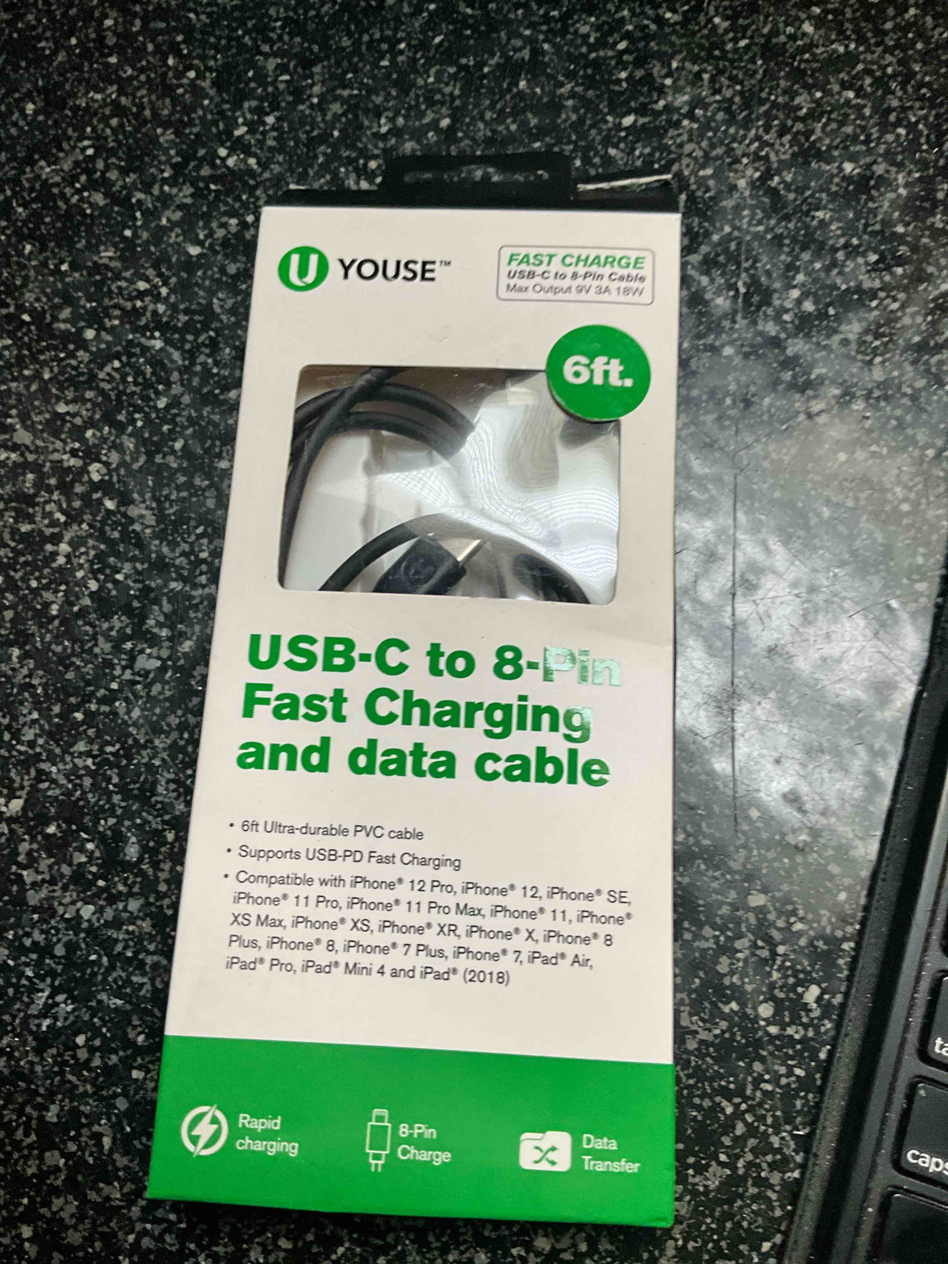 u youse - 6ft. - usb - c to 8-pin - fast charging and data cable 
