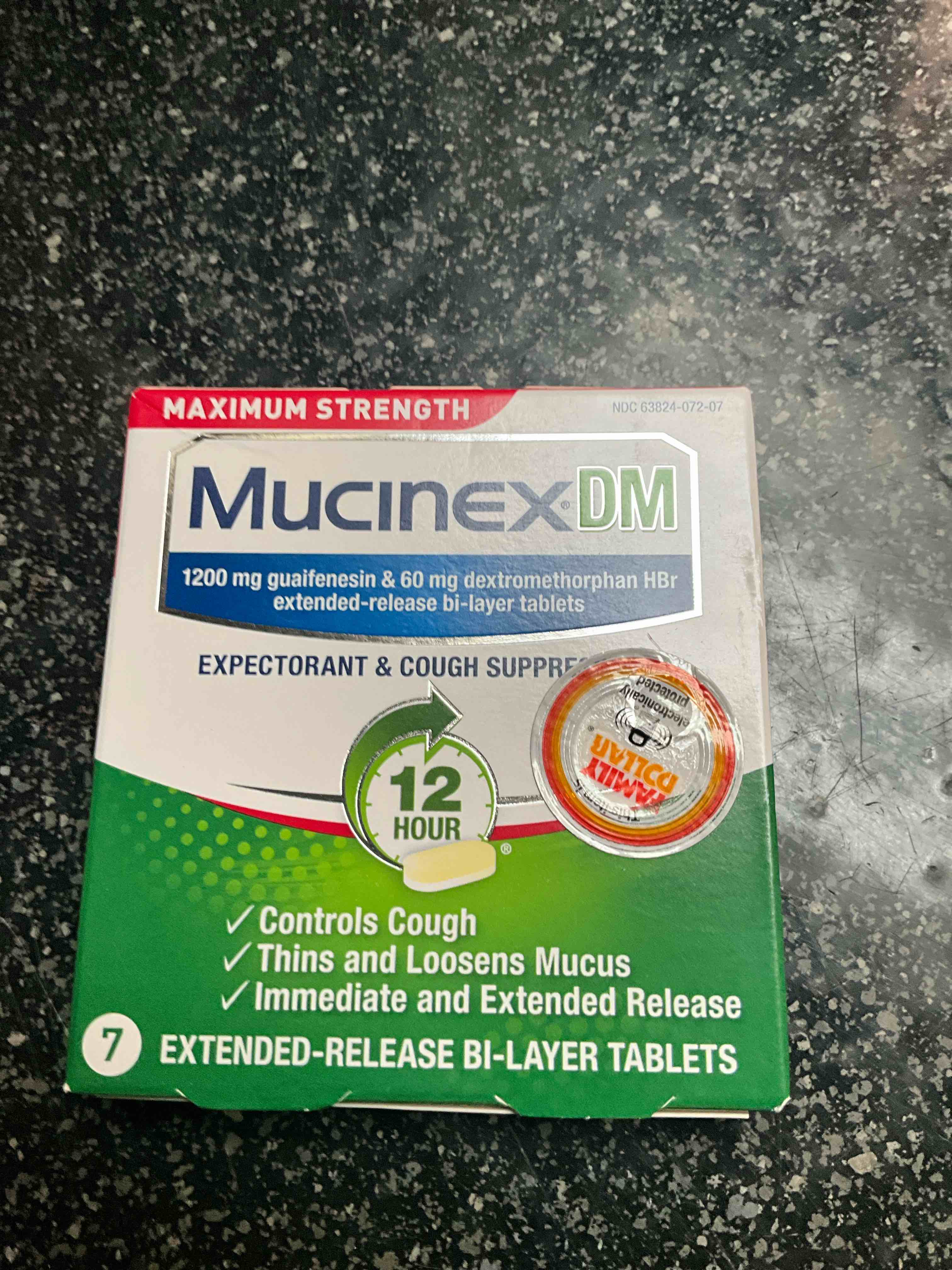 Cough Suppressant and Expectorant, Mucinex DM Maximum Strength 12 Hour Tablets, 7ct, 1200 mg Guaifenesin, Relieves Chest Congestion, Quiets Wet and Dry Cough, #1 Doctor Recommended OTC expectorant