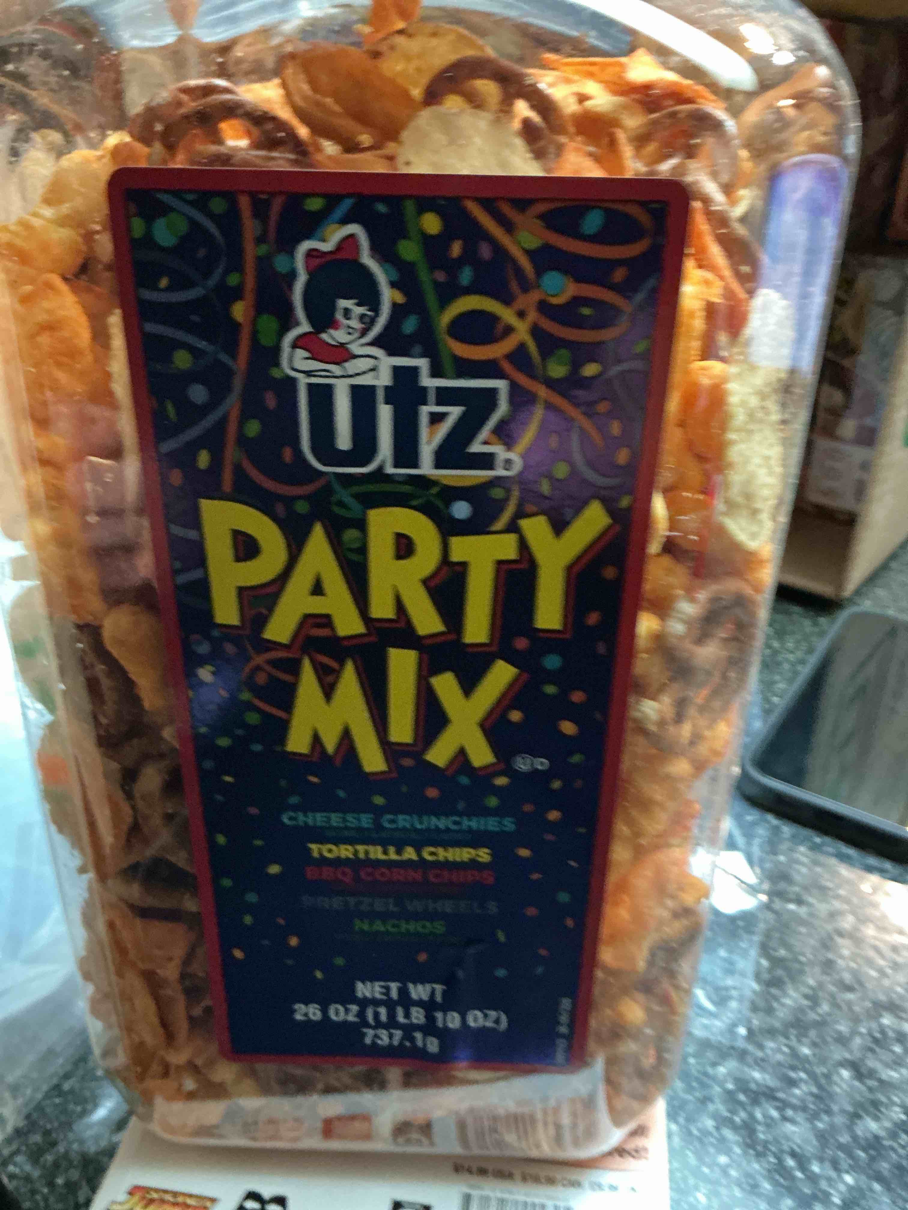 Utz Party Mix - 26 Ounce Barrel - Tasty Snack Mix Includes Corn/Nacho Tortillas, Pretzels, BBQ Corn Chips and Cheese Curls, Easy and Quick Party Snacks, Cholesterol Free and Trans-Fat Free