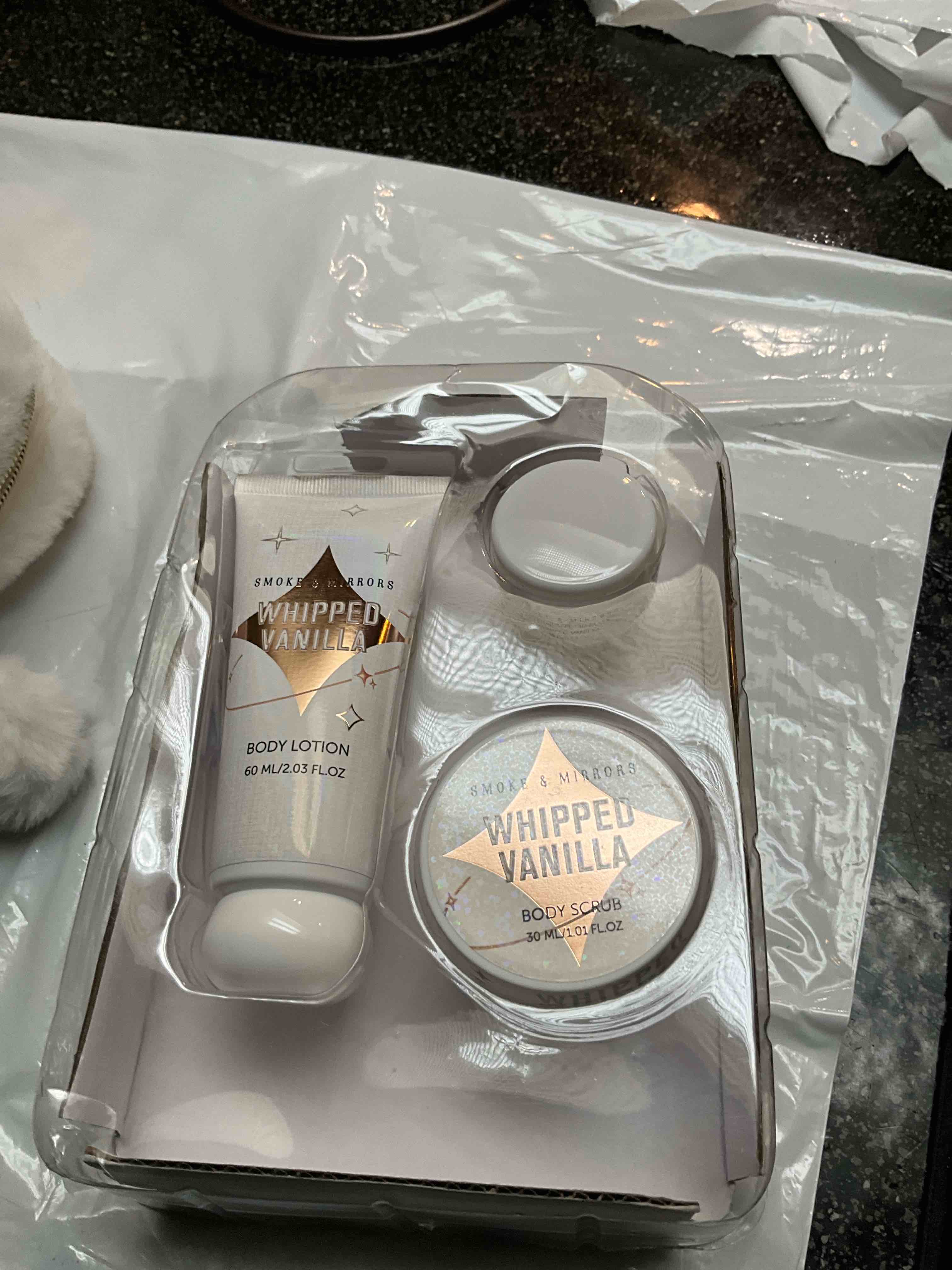 Whipped Vanilla - Body Lotion/Body Scrub/Overnight Lip Mask - 3 pc Set - Bonus Makeup Bag & Keyring 