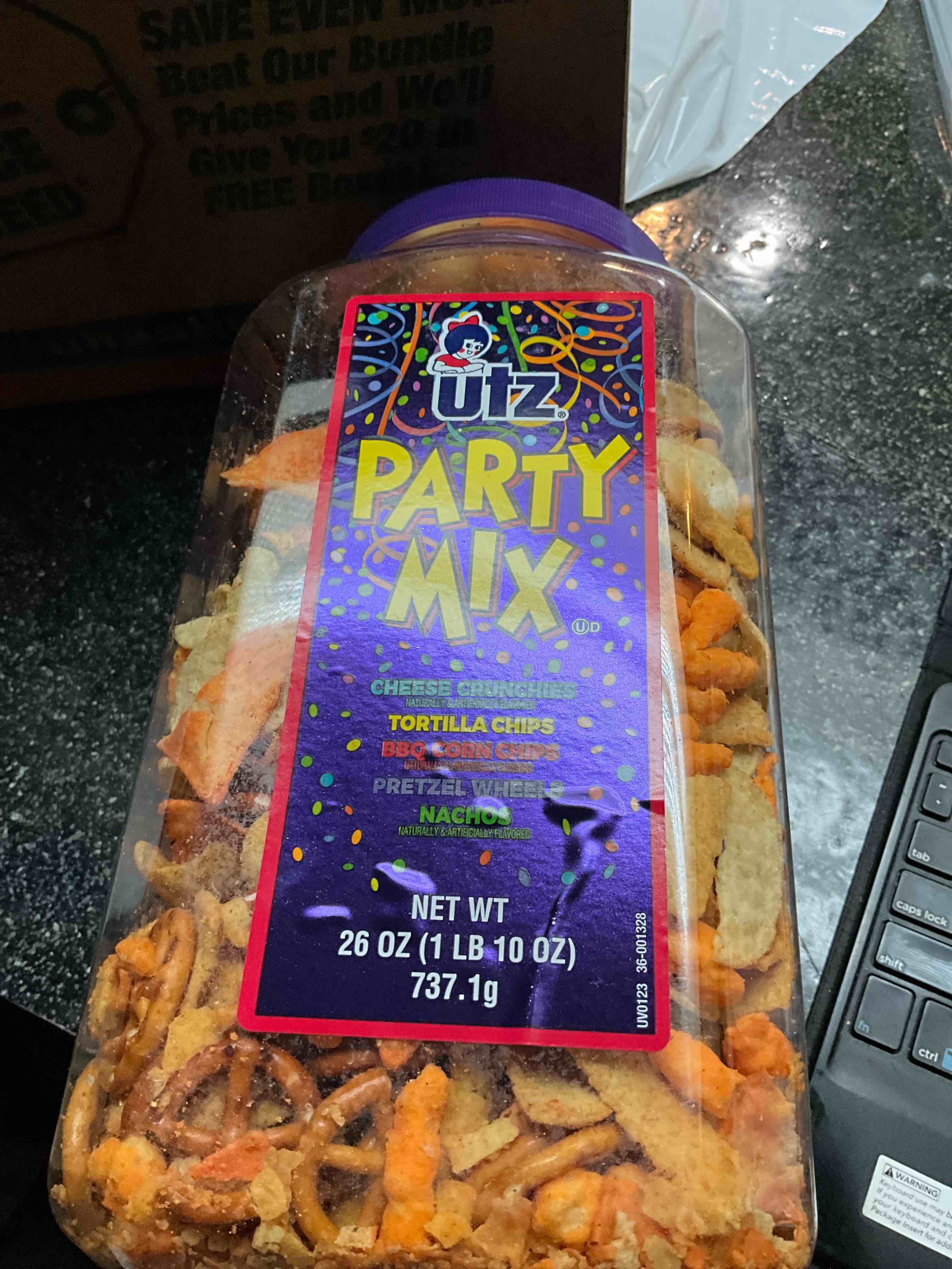 Utz Party Mix - 26 Ounce Barrel - Tasty Snack Mix Includes Corn/Nacho Tortillas, Pretzels, BBQ Corn Chips and Cheese Curls, Easy and Quick Party Snacks, Cholesterol Free and Trans-Fat Free