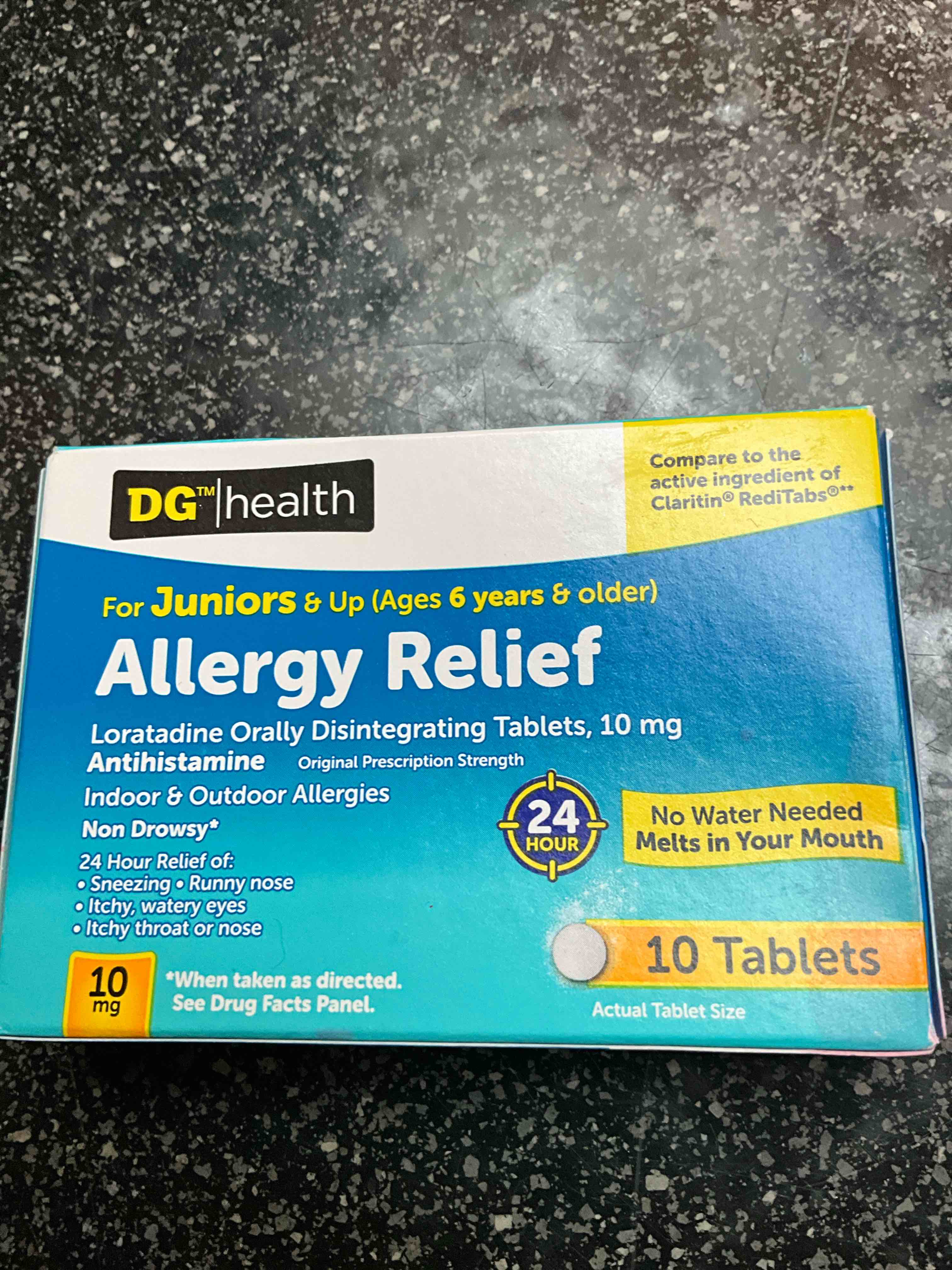 DG Health - For Jrs. 6 + - Allergy Relief - 10 mg - 10 tablets - no water needed/ melts in your mouth 