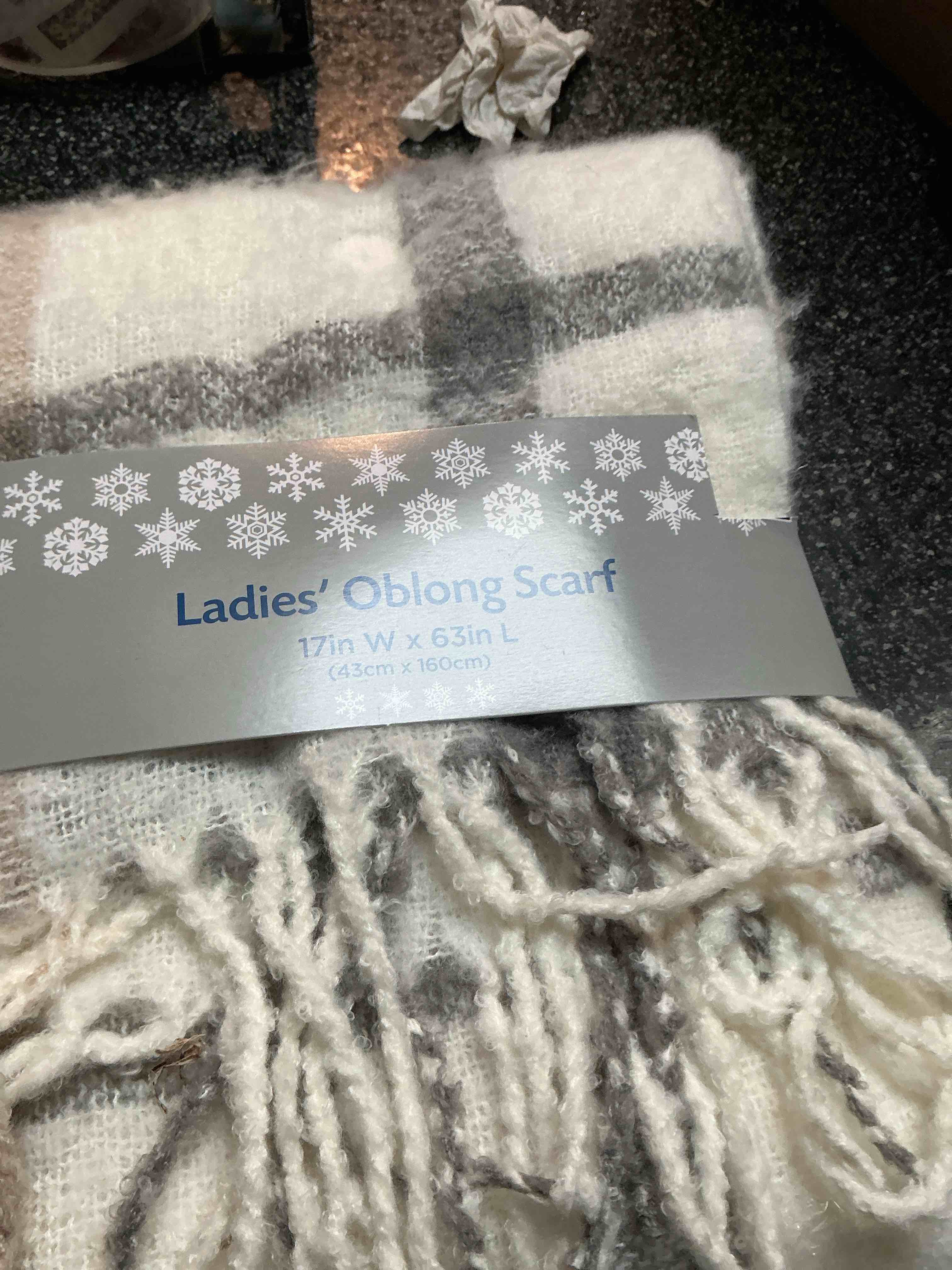 Ladies Oblonng Scarf 17’ X 63” Brown Grey & White 