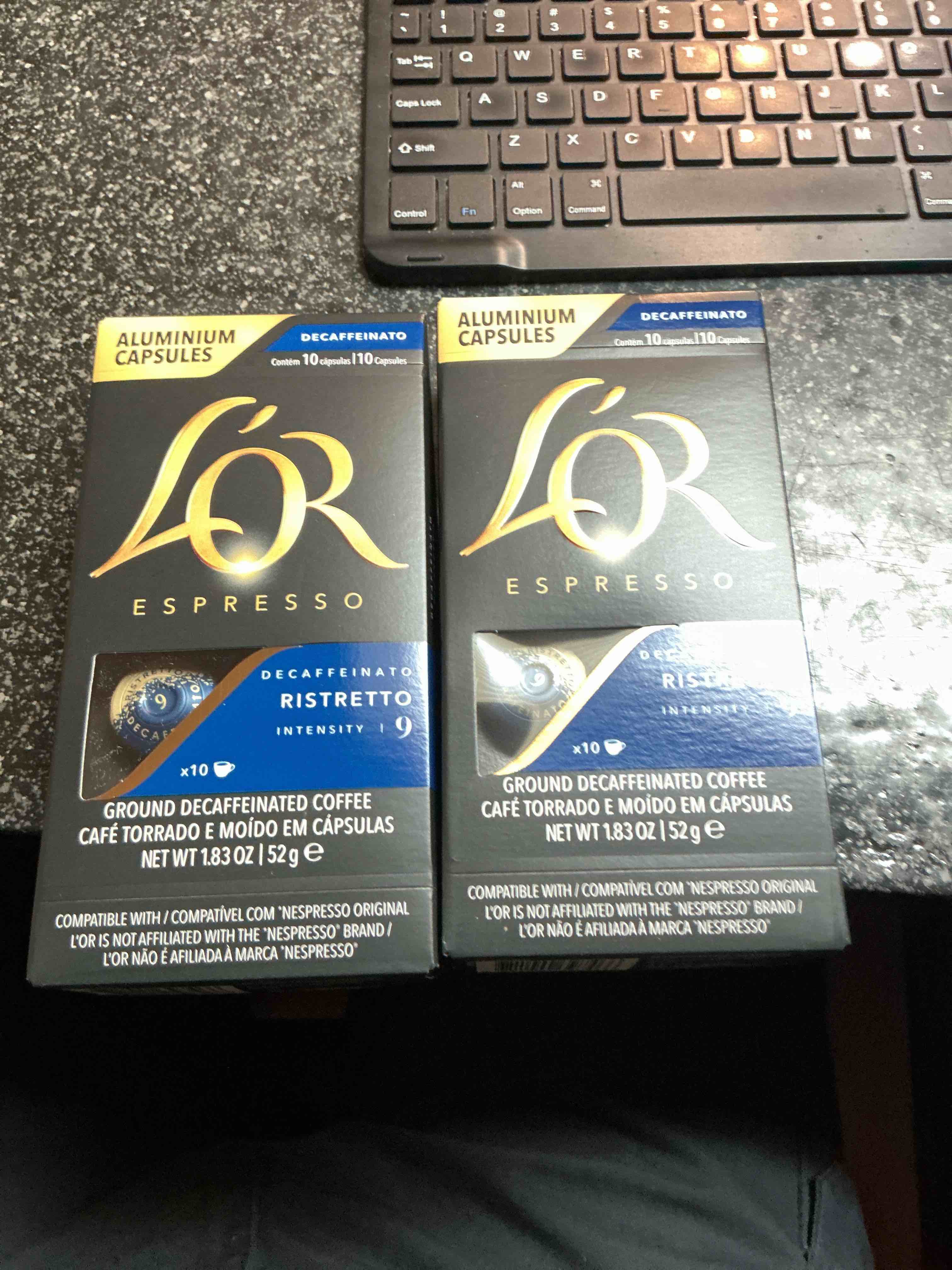 Condition photo showing New/Like New for L'OR DECAF Espresso Capsules, 10 Count DECAF Ristretto, Single-Serve Aluminum Coffee Capsules Compatible with the L'OR BARISTA System & *Nespresso Original Machines, 10 Count (Pack of 1)