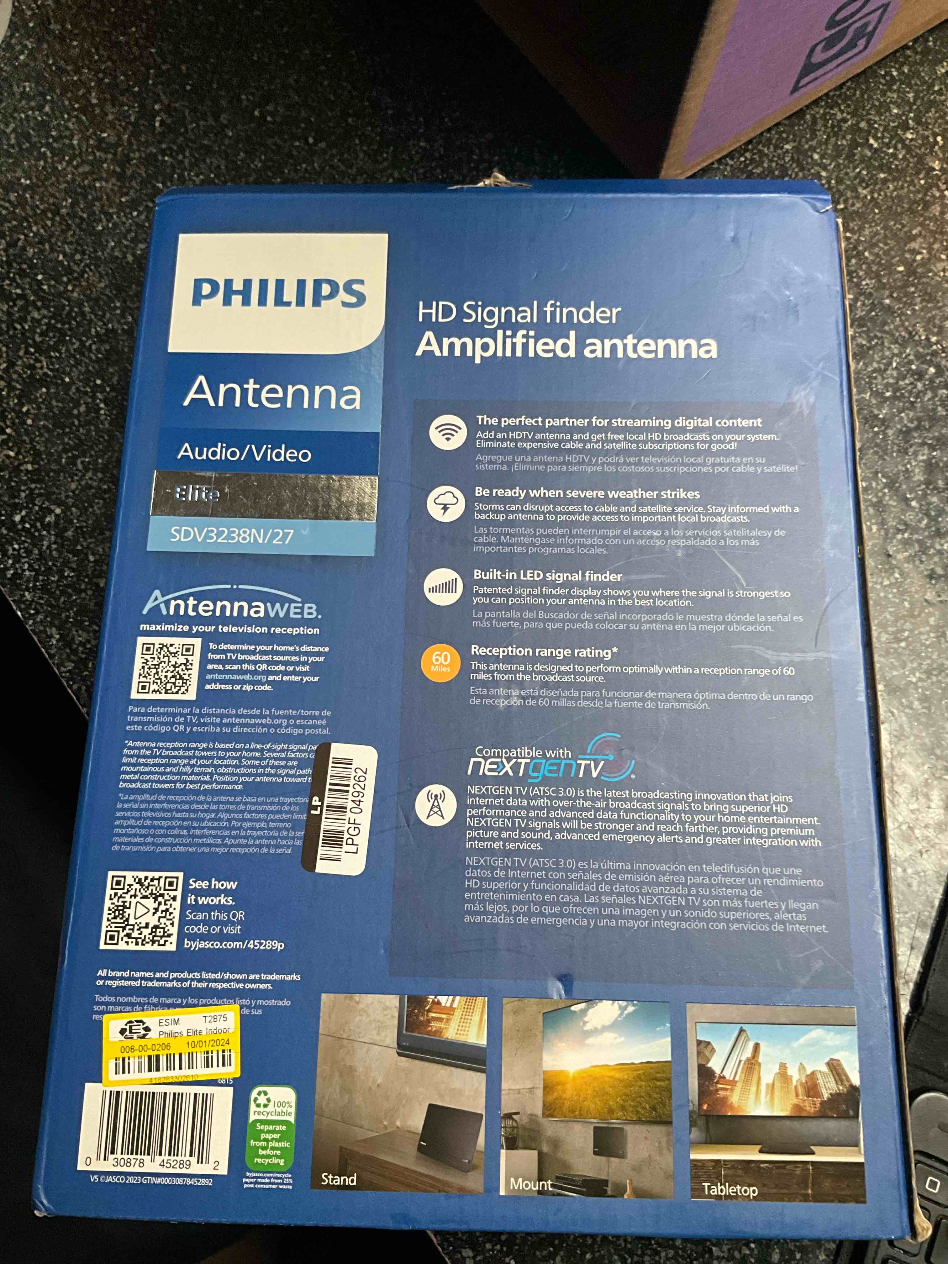 Condition photo showing New/Like New for Philips Elite Channel Finder Indoor TV Antenna, Long Range Antenna, Signal Booster Amplifier, Digital, HDTV, Smart TV Compatible, 4K 1080P VHF UHF, 10 ft. Coax Included, Home Decor, Black, SDV3238N/27