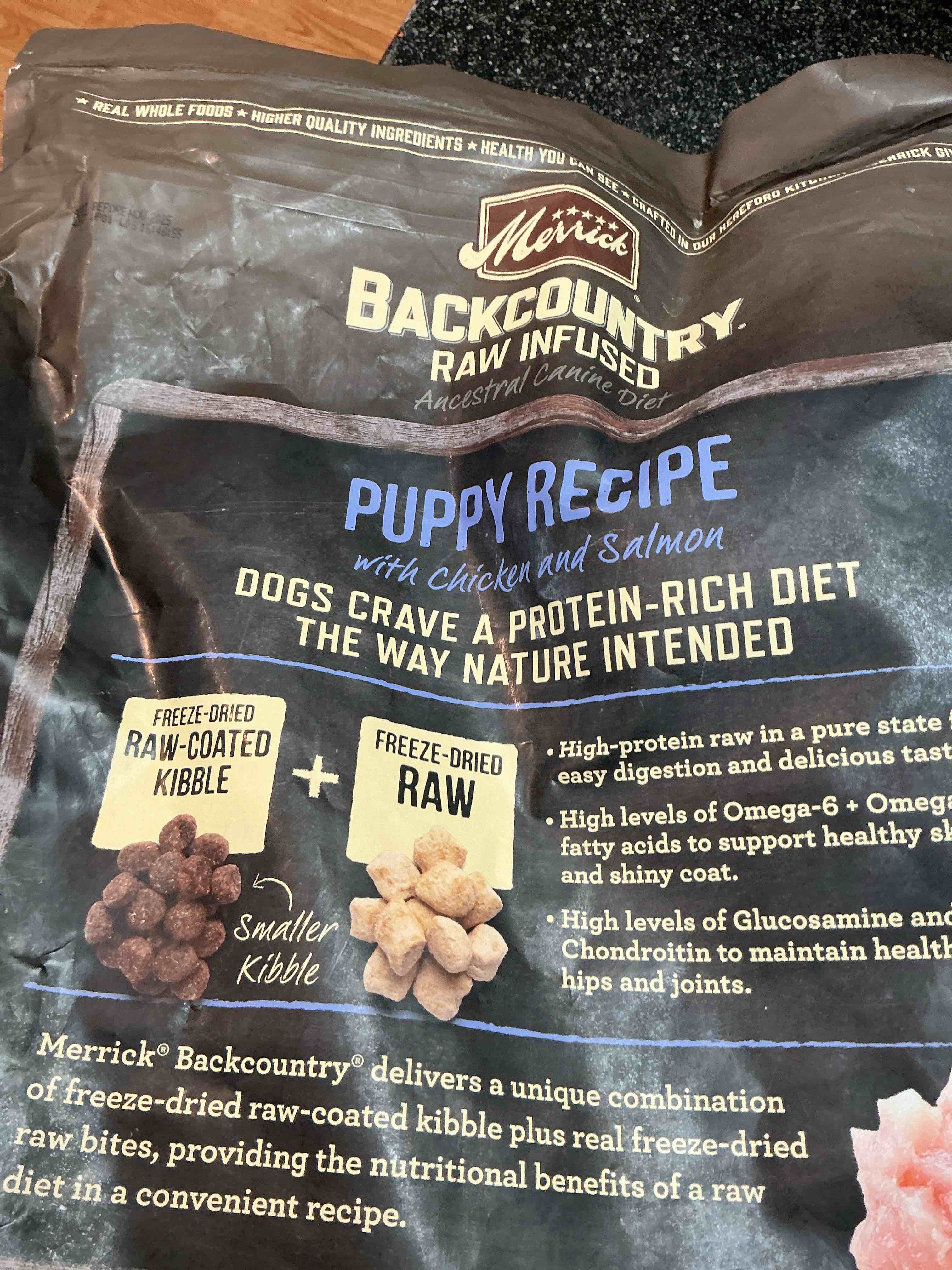 Condition photo showing As Is for Merrick Backcountry Grain Free Dry Puppy Dog Food, Kibble with Freeze Dried Raw Pieces, Chicken Recipe - 20.0 lb. Bag
