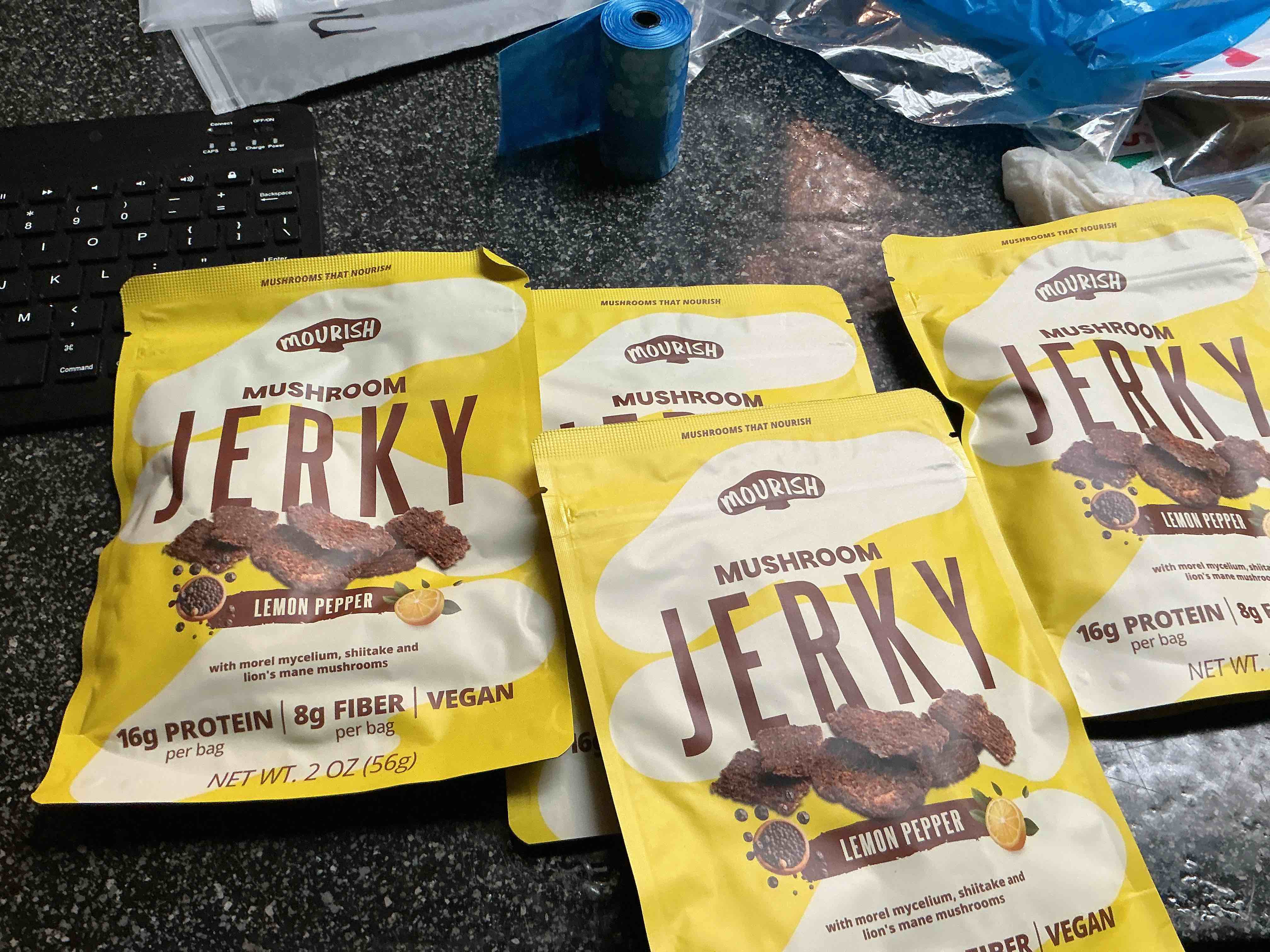 Condition photo showing New/Like New for Mourish Mushroom Jerky Lemon Pepper Nt. Wt.2 Oz.  3 Count