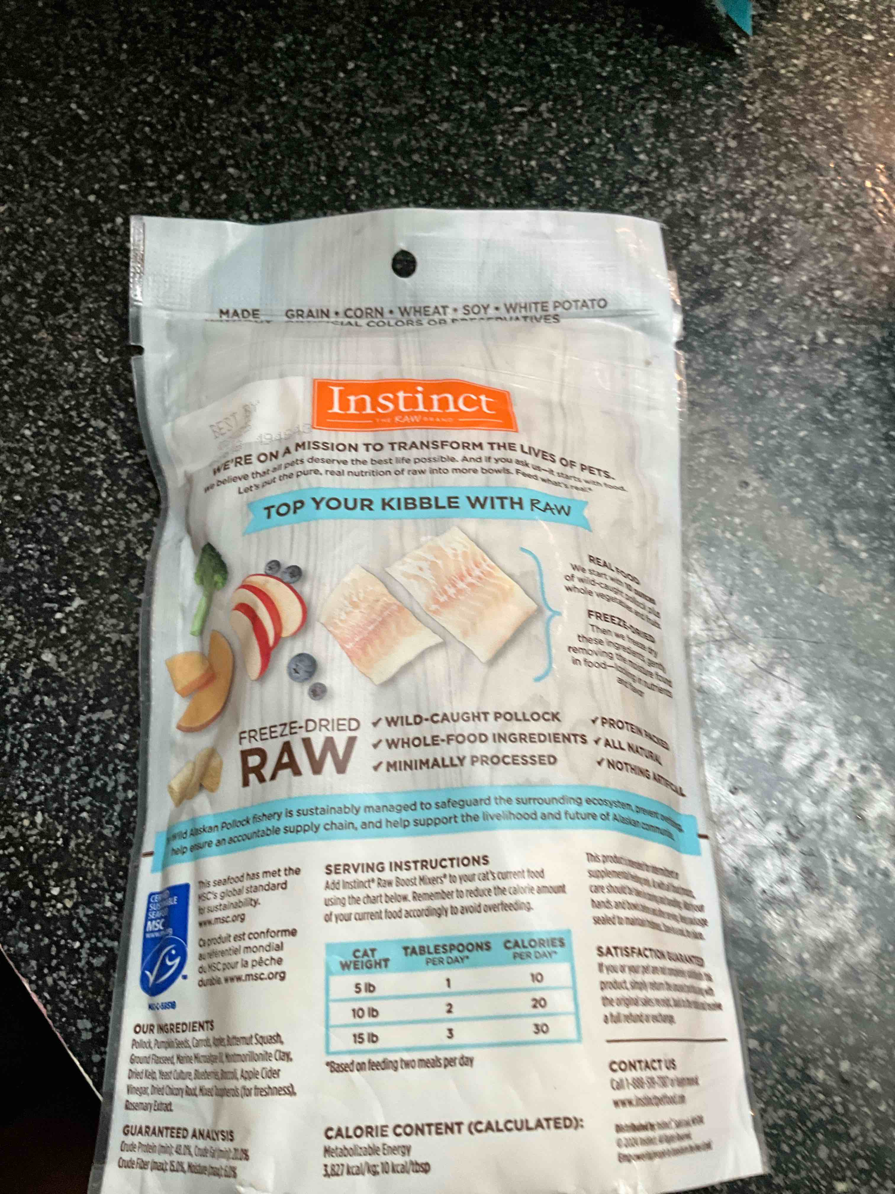 Condition photo showing As Is for Instinct Raw Boost Mixers Freeze Dried Cat Food Topper, Grain Free - Wild-Caught Pollock, 5 oz. Bag