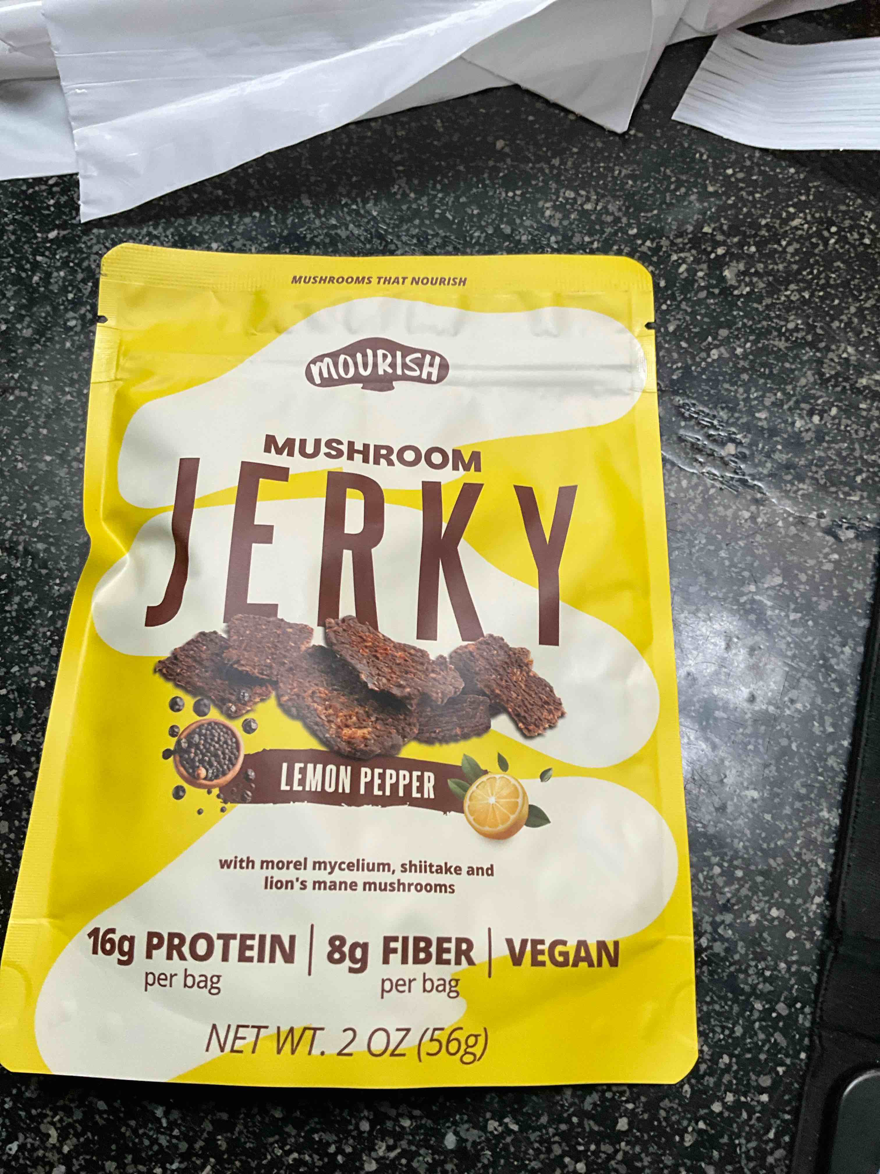 mourish vegan mushroom jerky, lemon pepper flavor, 3 pack (2 oz), good source of protein and fiber, plant based meat, meatless healthy snacks for hiking, camping, work, travel & school