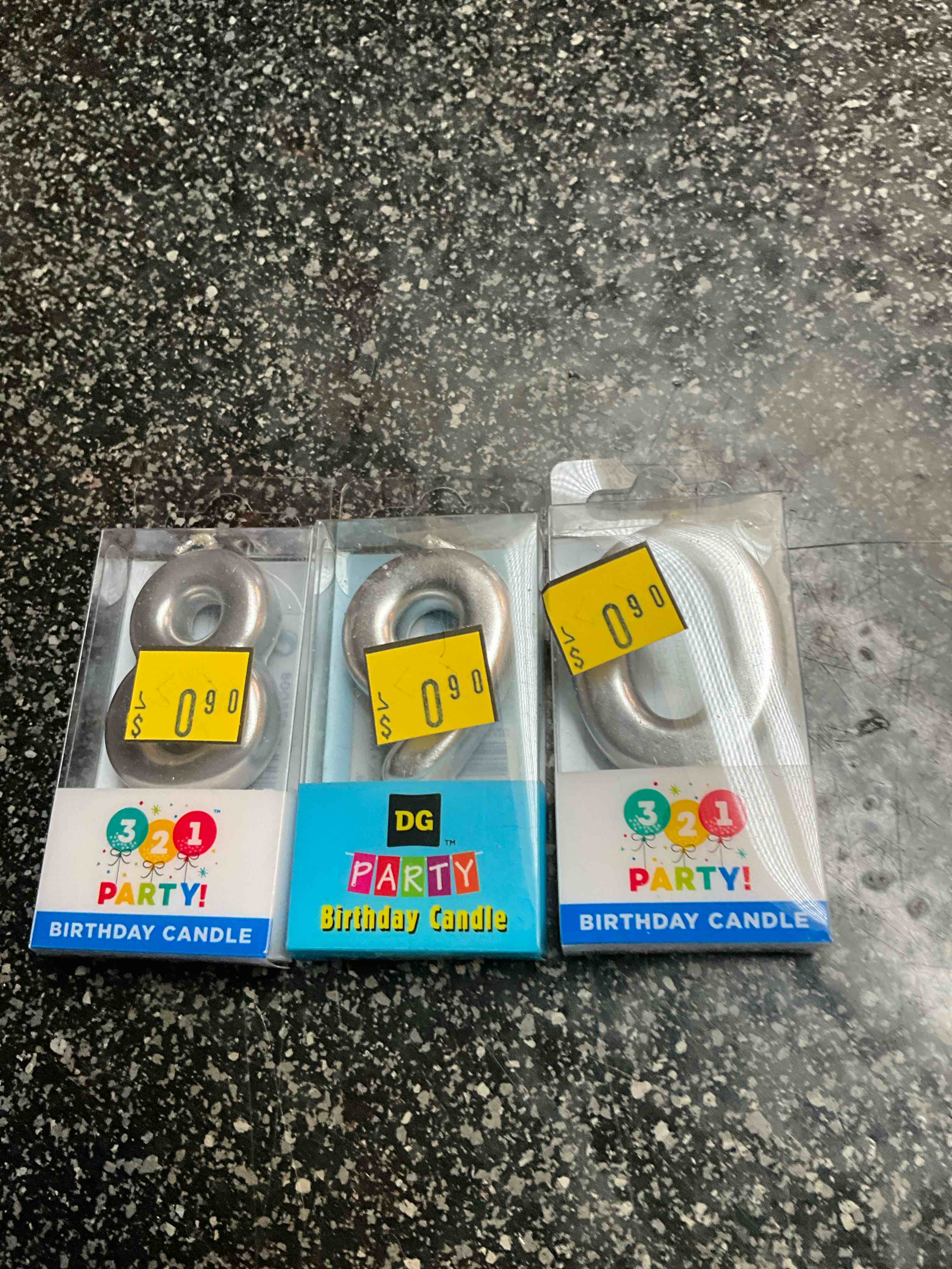 Condition photo showing New/Like New for Silver Birthday Candles - 3 count - 8 - 9 - 0  